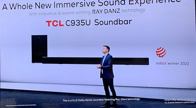 TCL C935U, barre de son Dolby Atmos 5.1.2, DTS:X, Ray‑Danz et Bluetooth