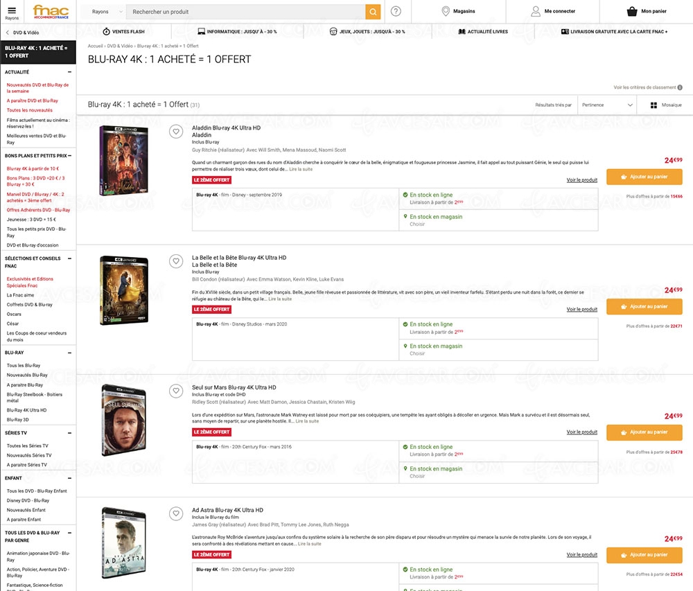 Promotion Fnac, 1&nbsp;titre 4K Ultra&nbsp;HD acheté, 1&nbsp;offert parmi 31&nbsp;titres