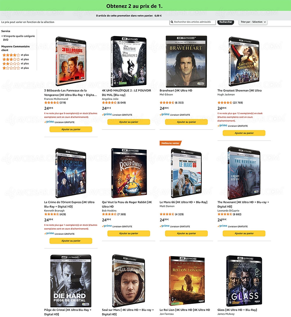 Bon plan Amazon, 2&nbsp;titres 4K Ultra&nbsp;HD Blu&#8209;Ray achetés&nbsp;=&nbsp;1&nbsp;offert