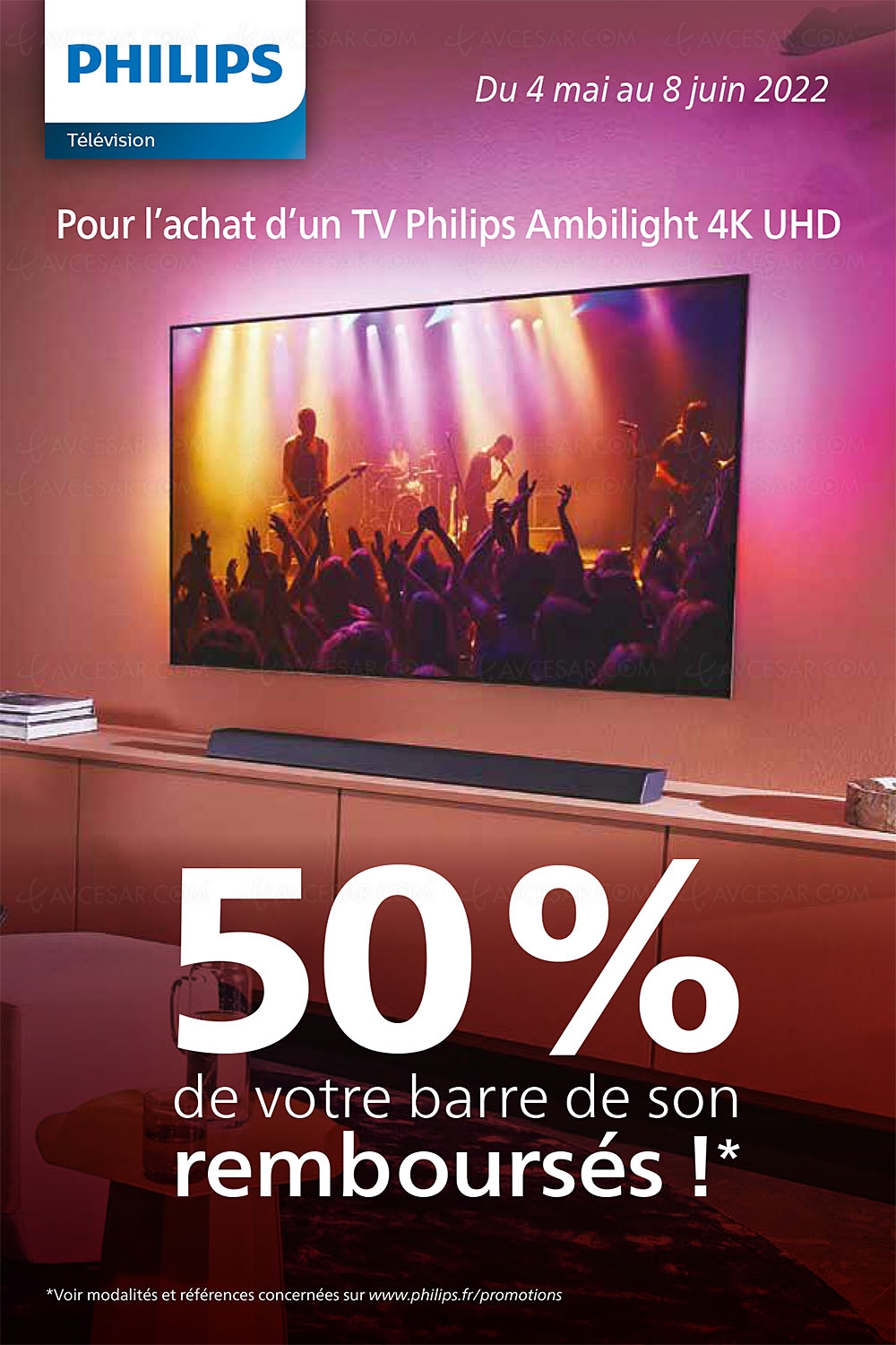 Offre de remboursement Philips barre de&nbsp;son, 50% remboursés pour l'achat d'un&nbsp;TV Ambilight Ultra&nbsp;HD&nbsp;4K