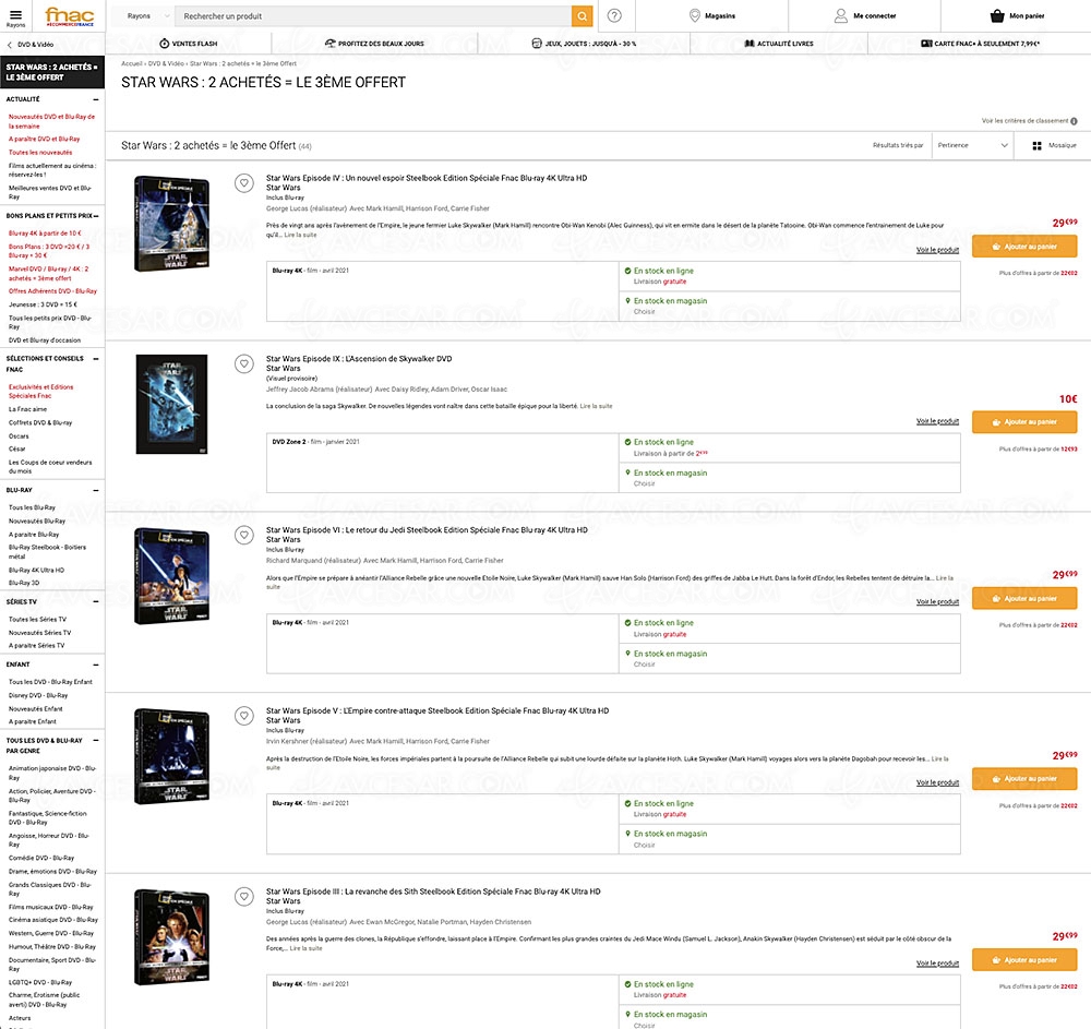 Promotion Fnac, 2&nbsp;titres DVD, Blu&#8209;Ray, 4K Ultra&nbsp;HD achetés, 1&nbsp;offert parmi 44&nbsp;titres