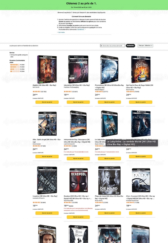 Bon plan Amazon, 2 titres 4K Ultra HD Blu‑Ray achetés = 1 offert