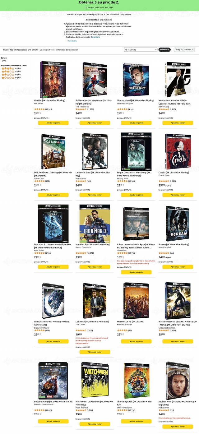 Amazon, deux 4K Ultra HD Blu‑Ray achetés, un troisième offert parmi 81 titres