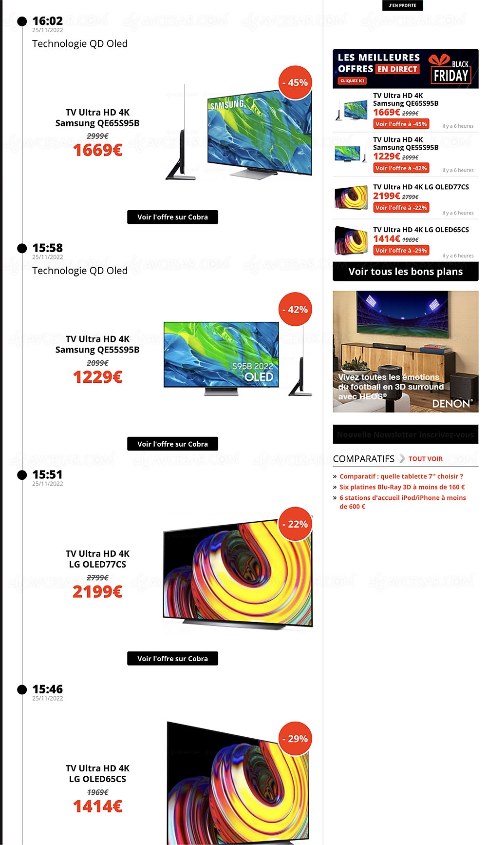 Black Friday 2022 > Meilleures offres du&nbsp;25/11 par AVCesar.com&nbsp;: TV Oled/LED, enceintes, écouteurs, casques,smartphones…