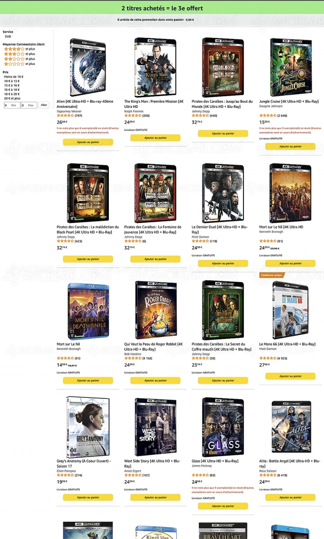 Bon plan Amazon, deux 4K Ultra HD Blu‑Ray/Blu‑Ray/DVD achetés, un troisième offert parmi 1 000 titres