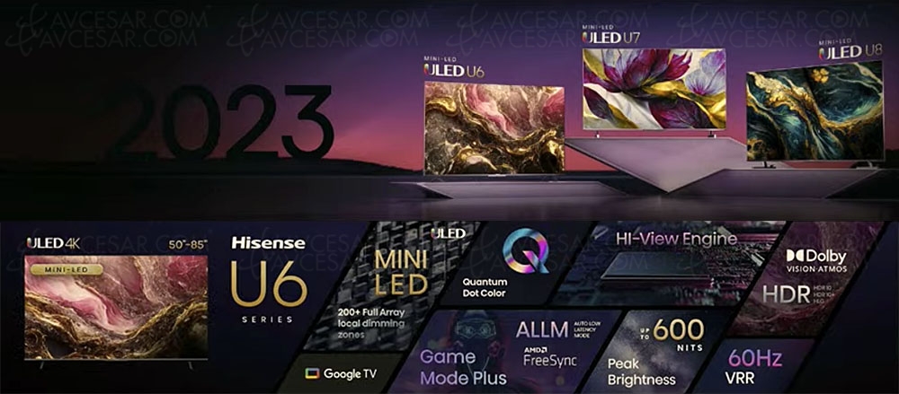 CES 23 > TV QLED Ultra&nbsp;HD 4K Hisense&nbsp;U6K, Mini&nbsp;LED 50'', 55'', 65'', 75'' et&nbsp;85'', 600&nbsp;nits…