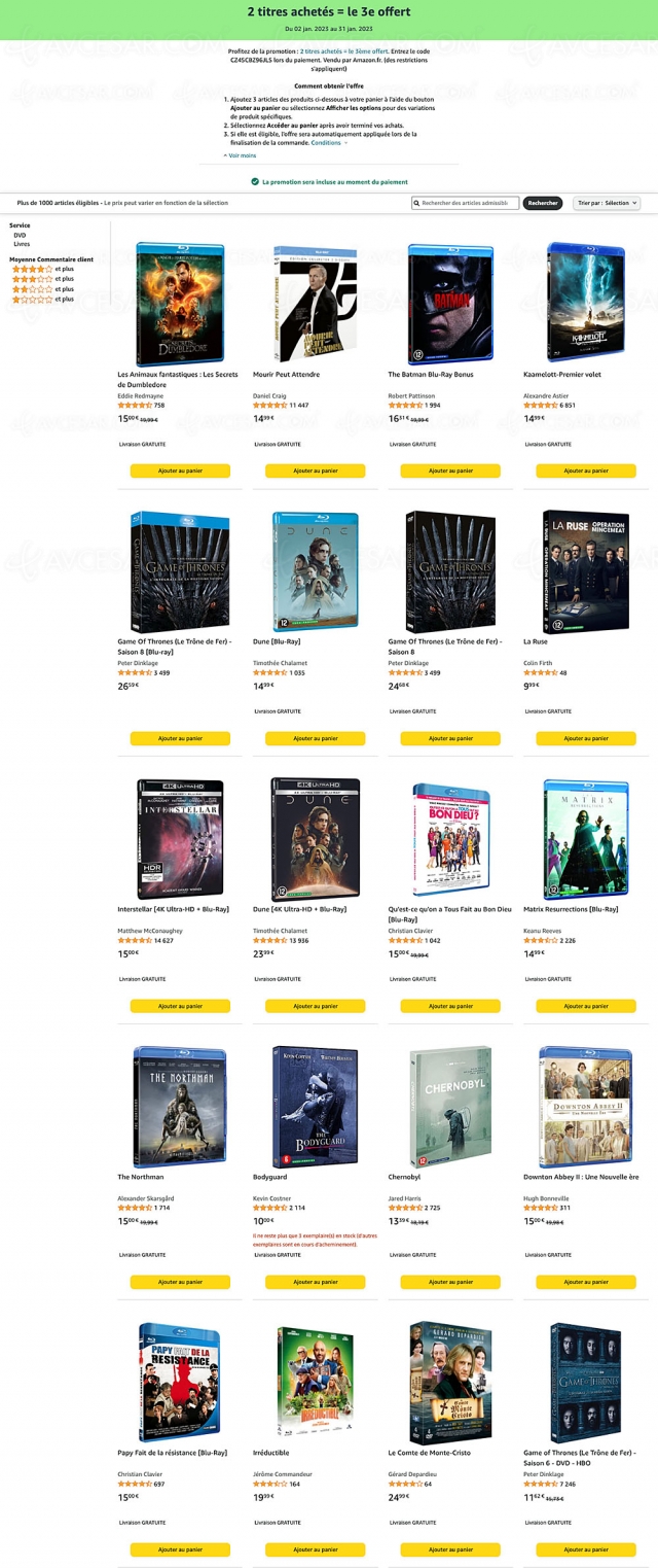 Bon plan Amazon, deux 4K Ultra HD Blu‑Ray/Blu‑Ray/DVD achetés, un troisième offert parmi 1 000 titres