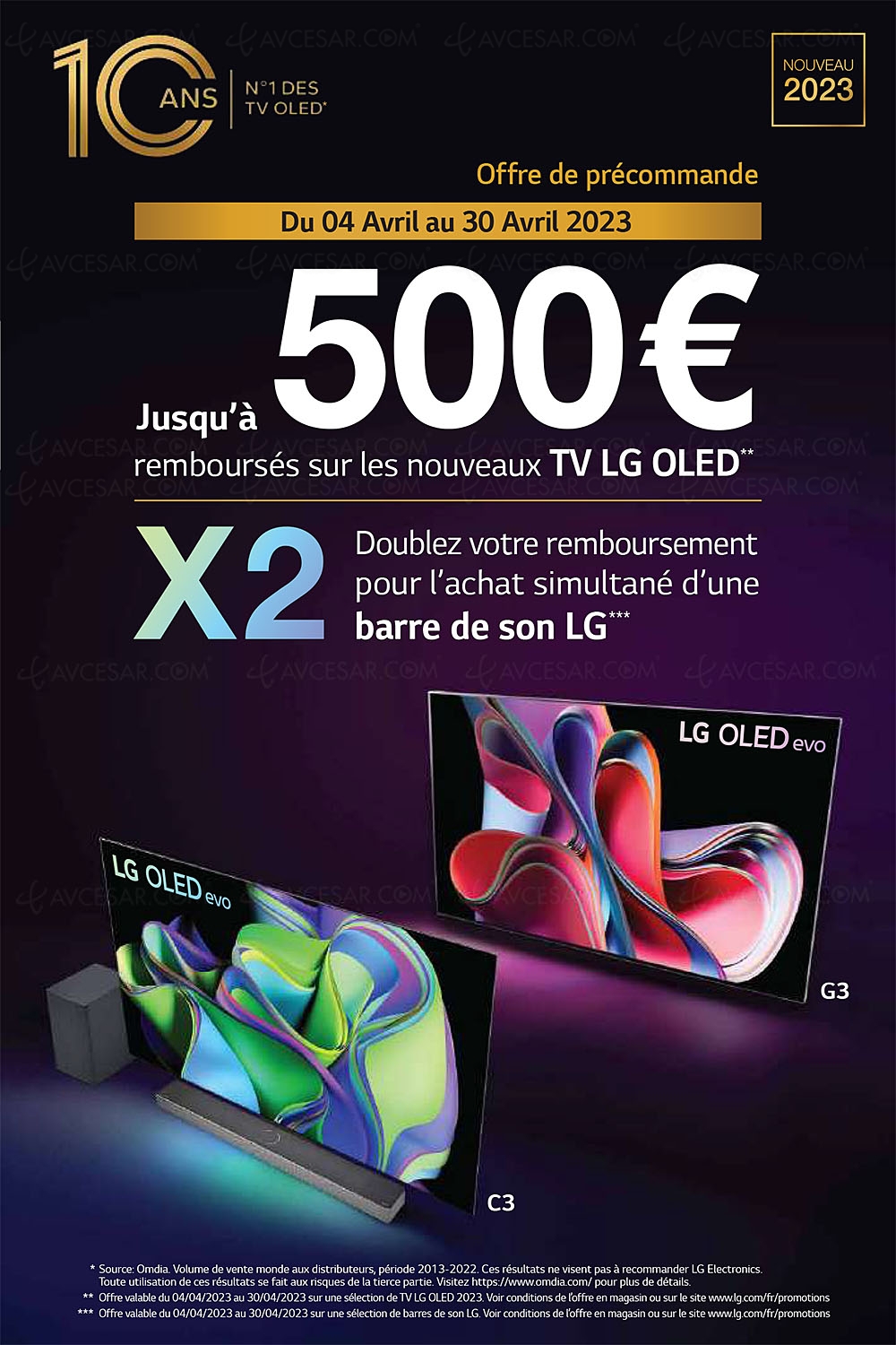 Offre de remboursement TV&nbsp;Oled LG&nbsp;G3/LG&nbsp;C3, jusqu'à 500&nbsp;€&nbsp;remboursés (jusqu'à 800&nbsp;€ avec l'achat d'une barre de&nbsp;son)