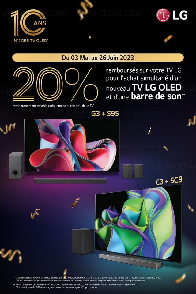 Offre de remboursement TV Oled LG G3/LG C3, 20% du montant dépensé en cas d'achat d'une barre de son