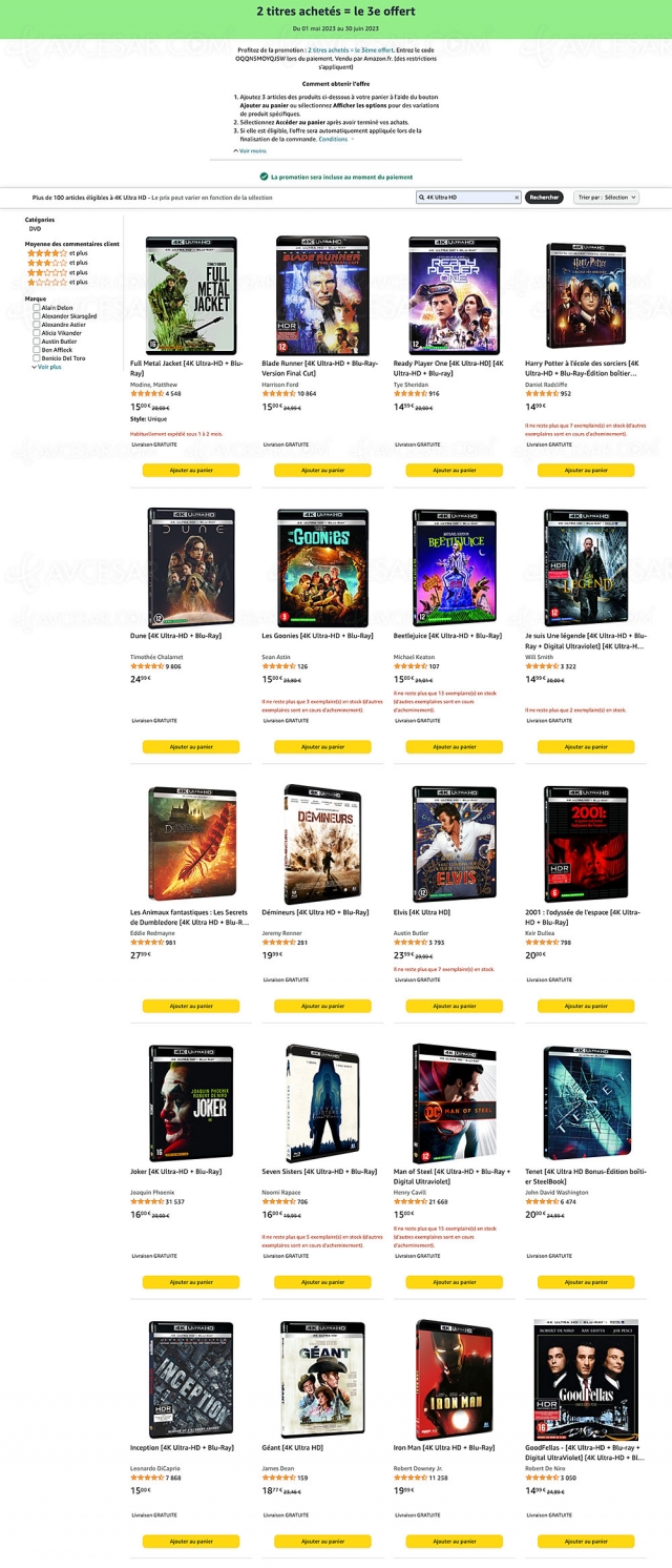 Promotion Amazon, deux 4K, Blu‑Ray/DVD achetés = un troisième offert