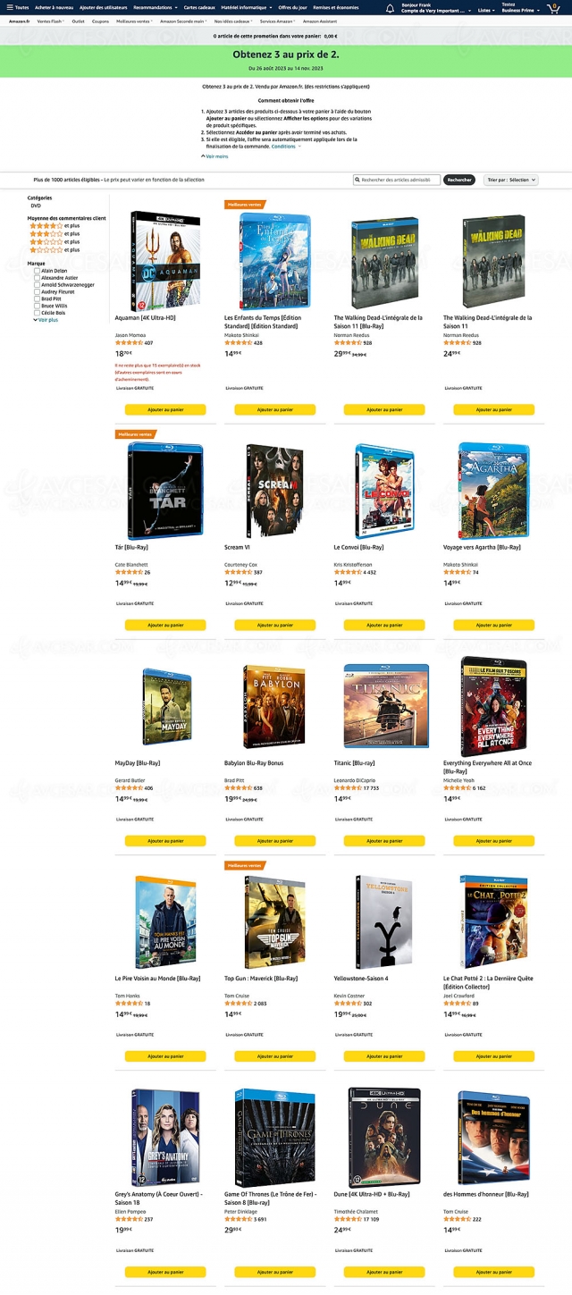 Promotion Amazon, deux 4K, Blu‑Ray/DVD achetés = un troisième offert