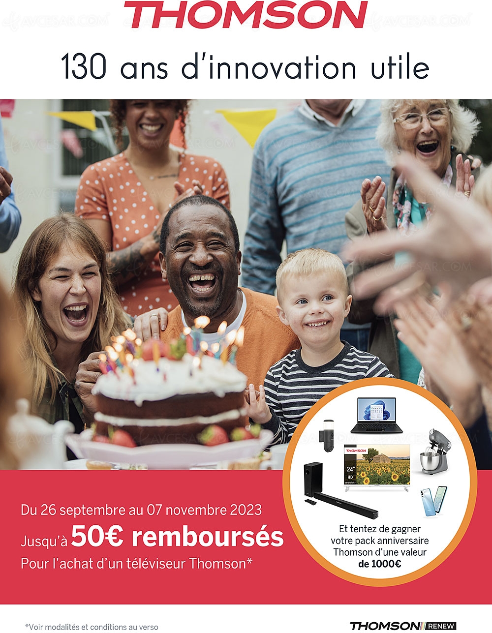 Offre de remboursement TV Thomson, jusqu'à 50&nbsp;€ remboursés et tentez de gagner un Golden&nbsp;Pack&nbsp;Thomson