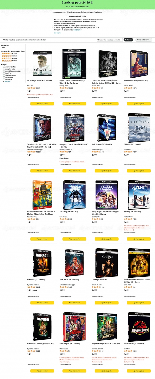 Promos Amazon, 2 titres 4K Ultra HD Blu‑Ray parmi 38 pour 24,99 €