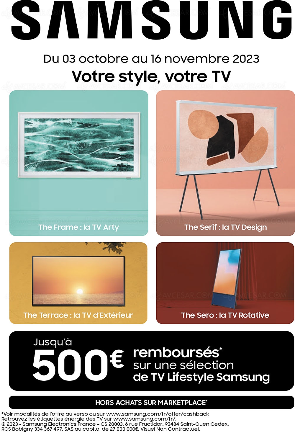 Offre de remboursement TV&nbsp;Samsung The&nbsp;Serif, The&nbsp;Frame, The&nbsp;Sero, The&nbsp;Terrace, jusqu'à 500&nbsp;€&nbsp;remboursés