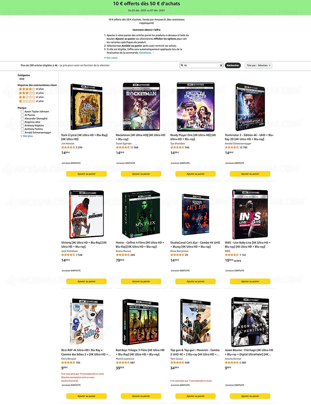 Promo Amazon 4K Ultra HD Blu&#8209;Ray, Blu&#8209;Ray et&nbsp;DVD&nbsp;: 10&nbsp;€ offerts dès 50&nbsp;€&nbsp;d'achat