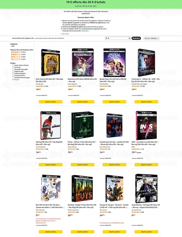 Promo Amazon 4K Ultra HD Blu‑Ray, Blu‑Ray et DVD : 10 € offerts dès 50 € d'achat