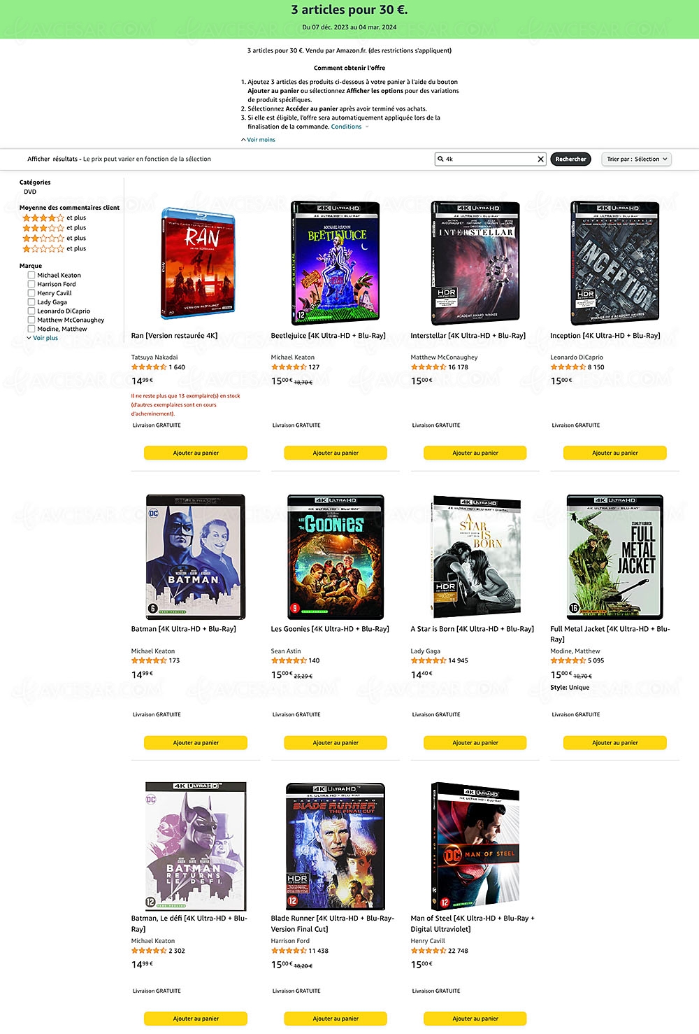 Promo Amazon, 3 titres 4K Ultra HD Blu&#8209;Ray/Blu&#8209;Ray parmi 500 pour 30&nbsp;€