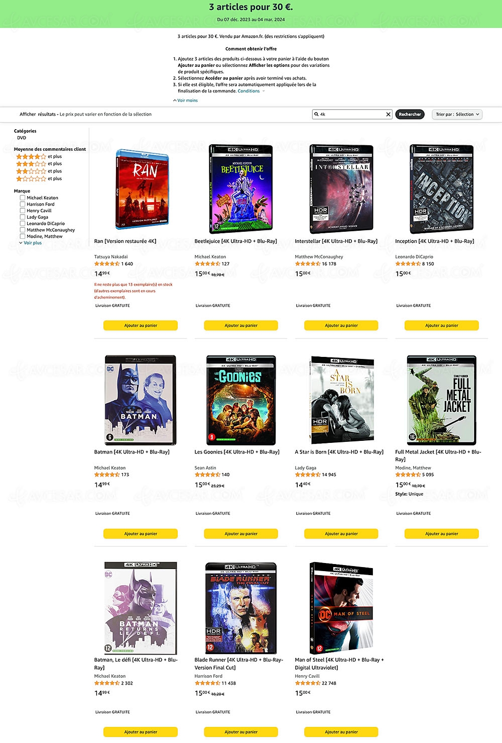 Promo Amazon, 3&nbsp;titres 4K Ultra&nbsp;HD Blu‑Ray/Blu‑Ray parmi&nbsp;500 pour&nbsp;30&nbsp;€&nbsp;seulement