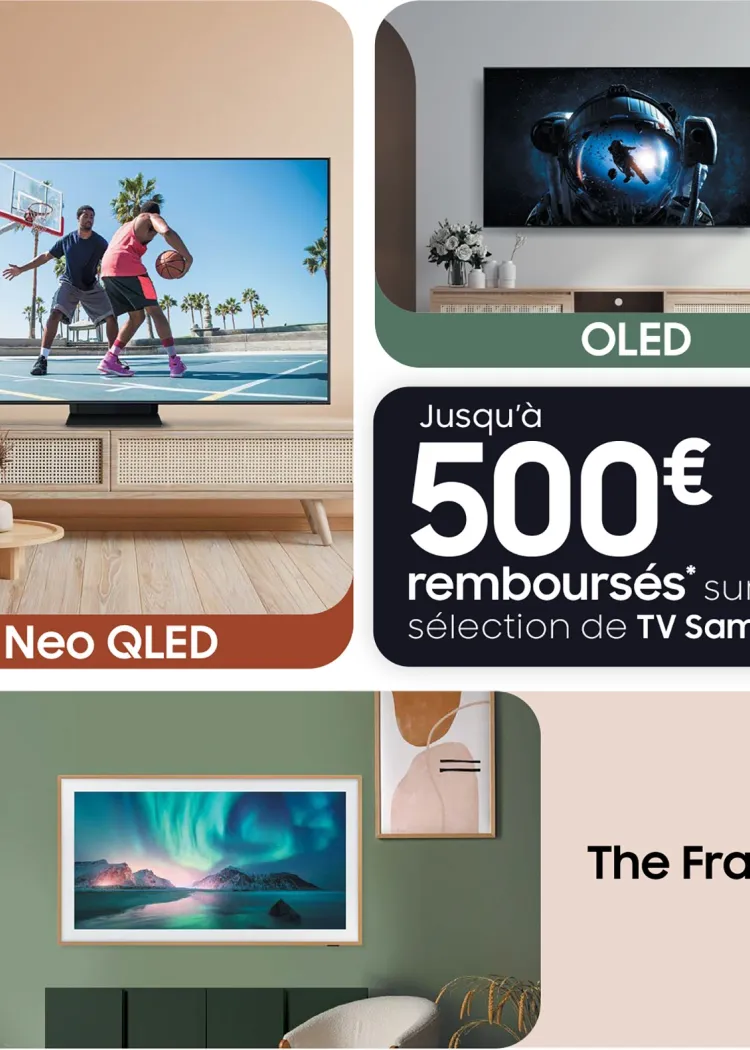 Offre de remboursement Samsung TV&nbsp;Oled, QLED, Neo&nbsp;QLED et Lifestyle, jusqu'à 500&nbsp;€&nbsp;remboursés