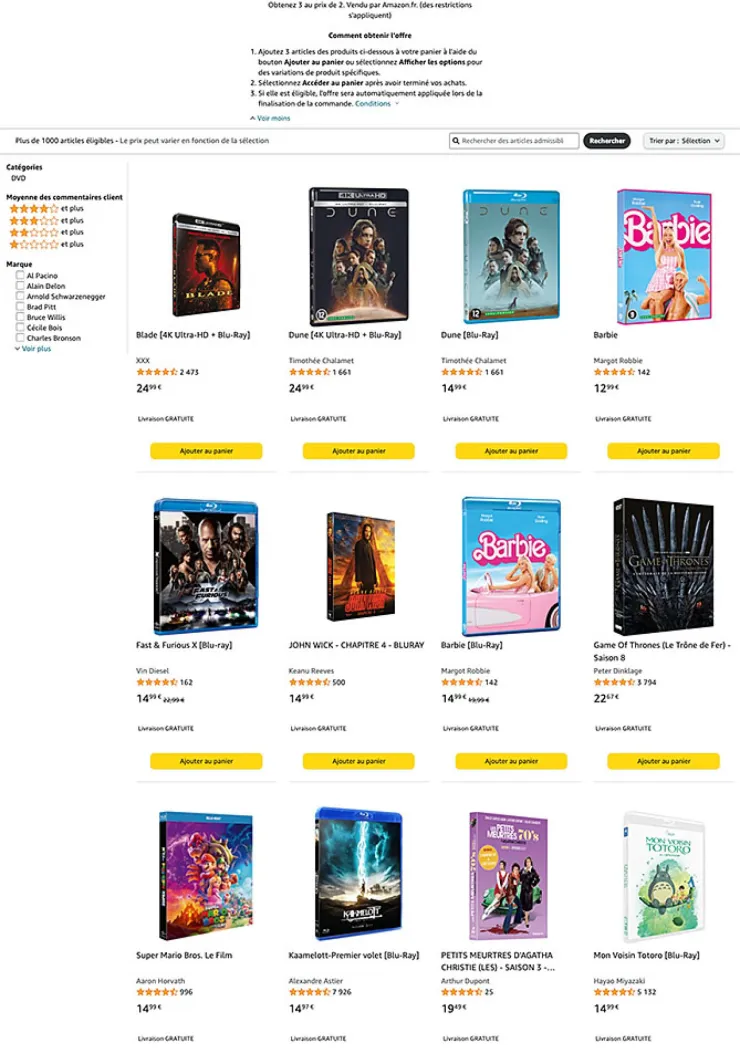 Promo Amazon, deux 4K Ultra HD, Blu-Ray/DVD achetés = un troisième offert