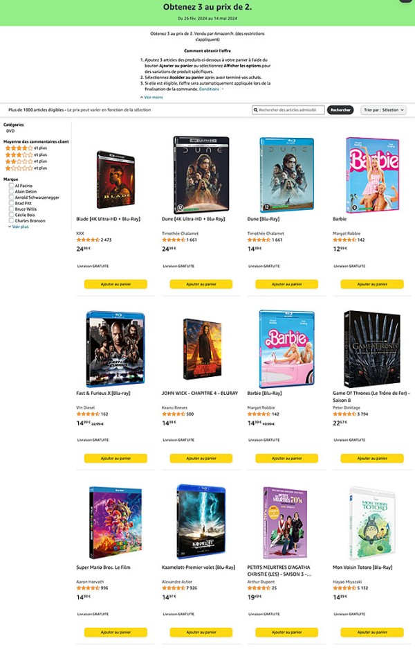 Promo Amazon, deux 4K Ultra HD, Blu‑Ray/DVD achetés = un troisième offert