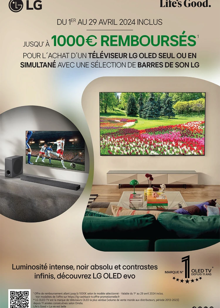 TV Oled Ultra&nbsp;HD 4K LG&nbsp;G3 et LG&nbsp;C3, jusqu'à 1&nbsp;000&nbsp;€&nbsp;remboursés
