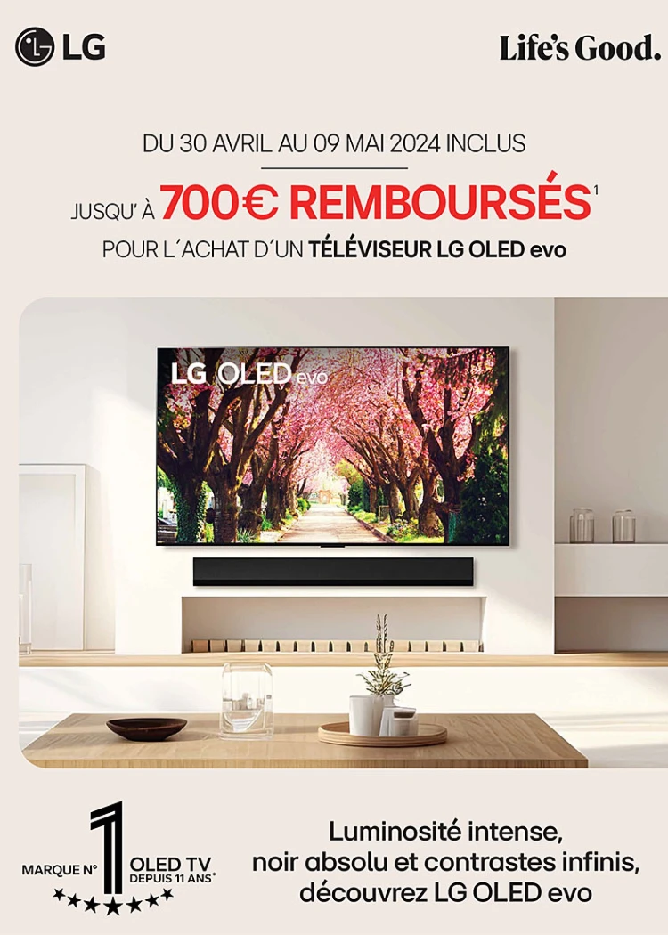 TV Oled Ultra&nbsp;HD 4K LG&nbsp;G3 et LG&nbsp;C3, jusqu'à 700&nbsp;€&nbsp;remboursés