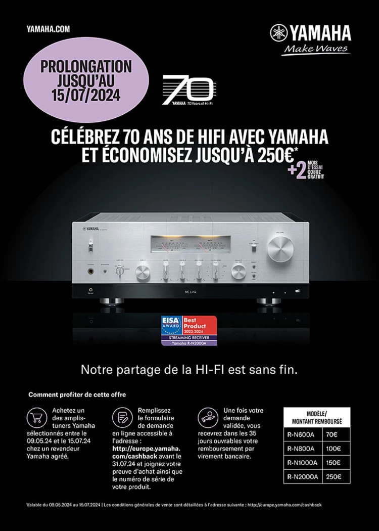 Amplificateur/réseau Yamaha Hi‑Fi, jusqu'à 250&nbsp;€&nbsp;remboursés jusqu'au&nbsp;15&nbsp;juillet