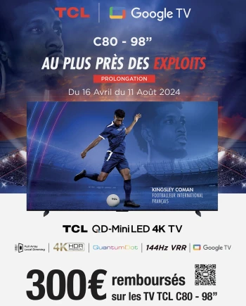 Offre de remboursement TV 4K TCL&nbsp;98C805 (249&nbsp;cm), 300&nbsp;€&nbsp;remboursés
