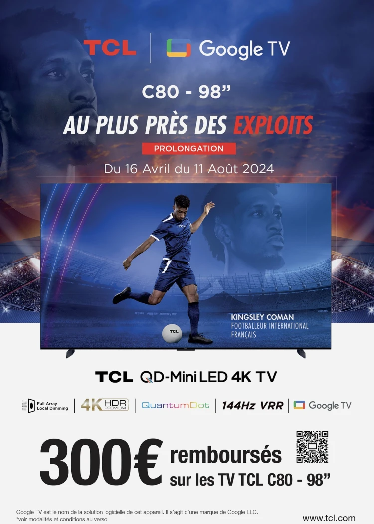 Offre de remboursement TV 4K TCL&nbsp;98C805 (249&nbsp;cm), 300&nbsp;€&nbsp;remboursés