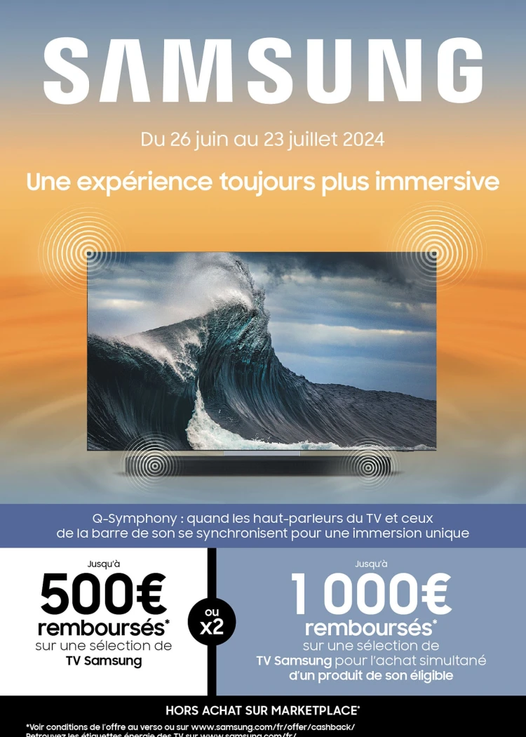 Offre de remboursement Samsung TV&nbsp;QLED, Neo&nbsp;QLED, Oled et barre de son, jusqu'à&nbsp;1&nbsp;000&nbsp;€