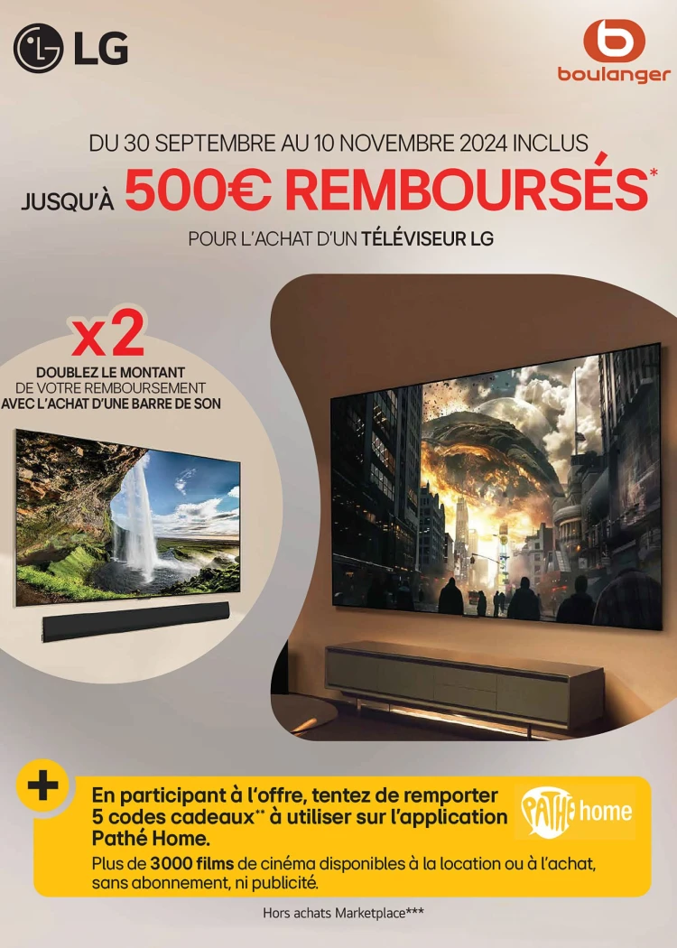 TV Oled/QNED 4K +&nbsp;barre de&nbsp;son, jusqu'à 1&nbsp;000&nbsp;€&nbsp;remboursés
