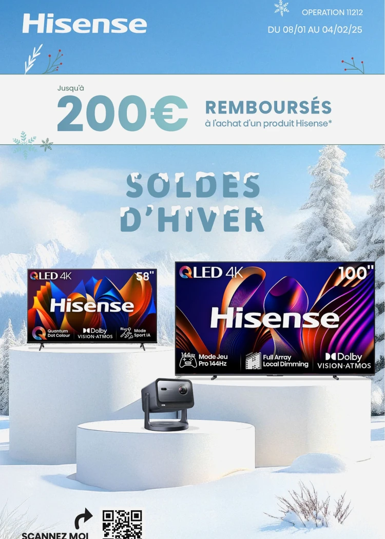 Hisense TV Ultra&nbsp;HD 4K ou vidéoprojecteur Laser Cinéma, jusqu'à 200&nbsp;€&nbsp;remboursés