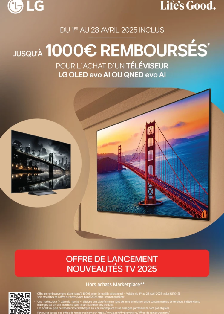 TV Oled LG&nbsp;G5/C5 et&nbsp;LG&nbsp;QNED85/86/87, jusqu'à 1&nbsp;000&nbsp;€ remboursés