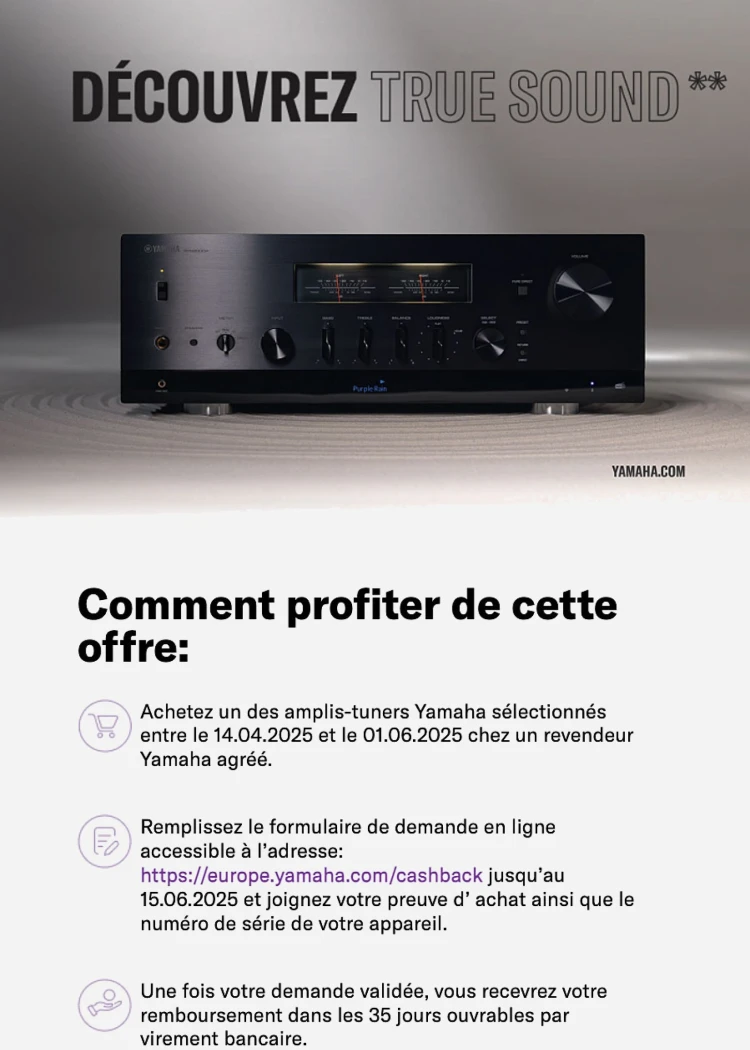 Amplificateur/réseau Yamaha Hi‑Fi, jusqu'à 400&nbsp;€&nbsp;remboursés jusqu'au&nbsp;1er&nbsp;juin