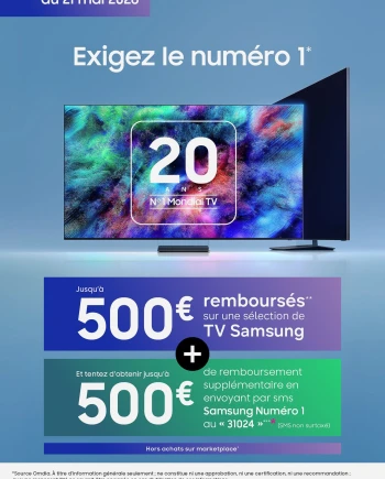Offre de remboursement TV Samsung Oled, Micro RGB, Neo QLED, Mini LED, The Frame jusqu'à 500&nbsp;€&nbsp;remboursés