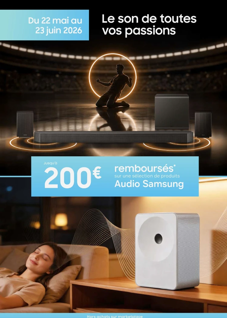 Offre Samsung enceintes actives et barres sonore, jusqu'à 200&nbsp;€&nbsp;remboursés