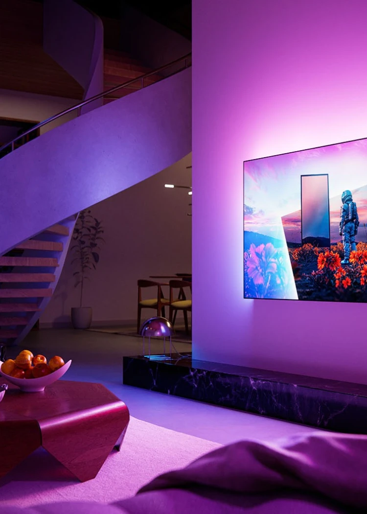 TV Philips OLED851&nbsp;: P5 AI Gen&nbsp;10, dalle Oled EX extra‑lumineuse et Ambilight&nbsp;AmbiScape