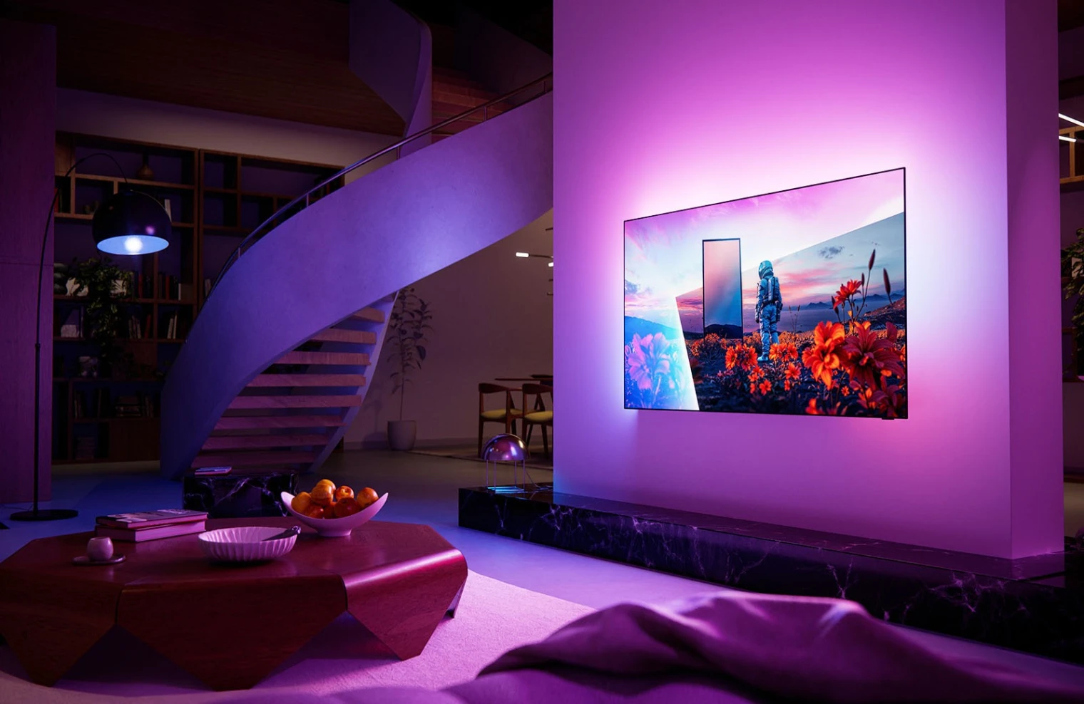 TV Philips OLED851 : P5 AI Gen 10, dalle Oled EX extra-lumineuse et Ambilight AmbiScape