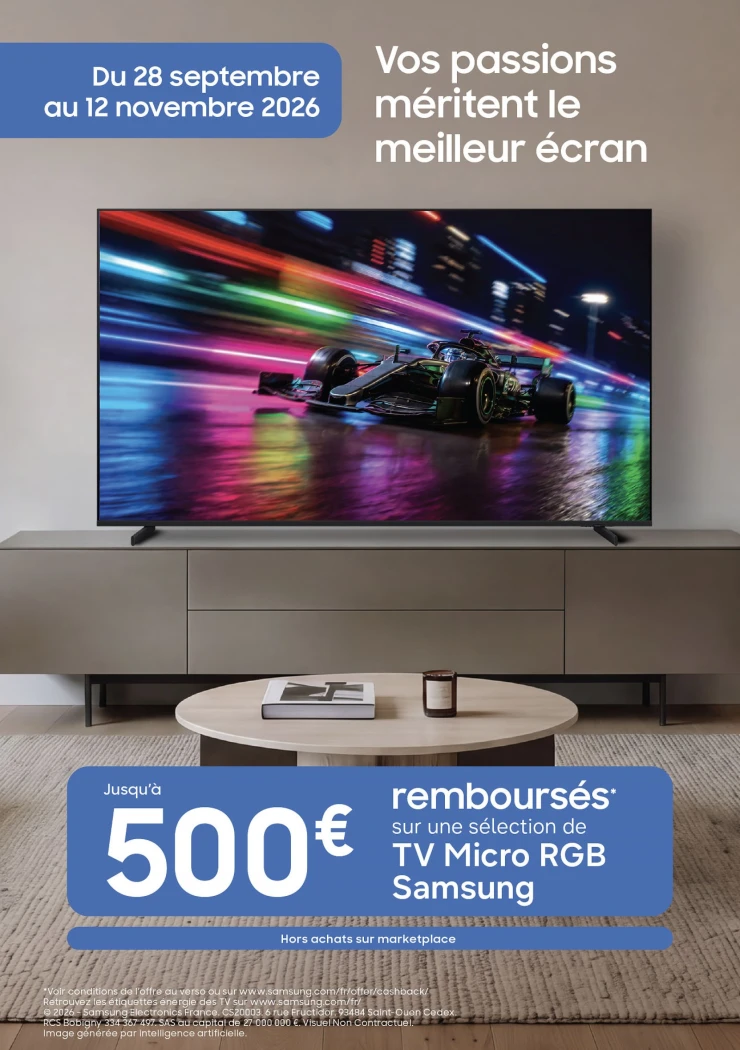 Offre de remboursement TV Micro RGB Samsung R85H, de 200 € à 500 € remboursés